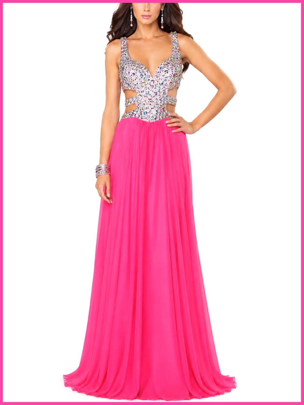 La Femme Bold Pink Gemstone Embellished Sleeveless Gown Dress